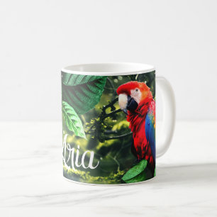 Parrot scarlet macaw in jungle with flowers coffee mug