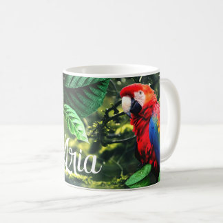 Parrot scarlet macaw in jungle with flowers coffee mug