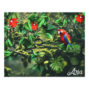 Parrot scarlet macaw in jungle with flowers photo print