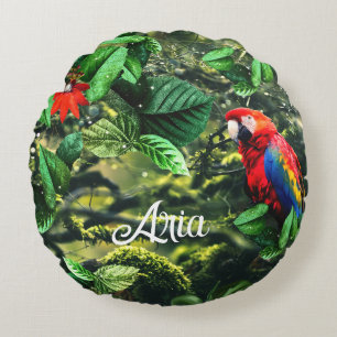 Parrot scarlet macaw in jungle with flowers round pillow