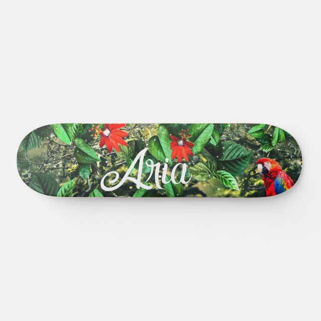 Parrot scarlet macaw in jungle with flowers skateboard (Horz)