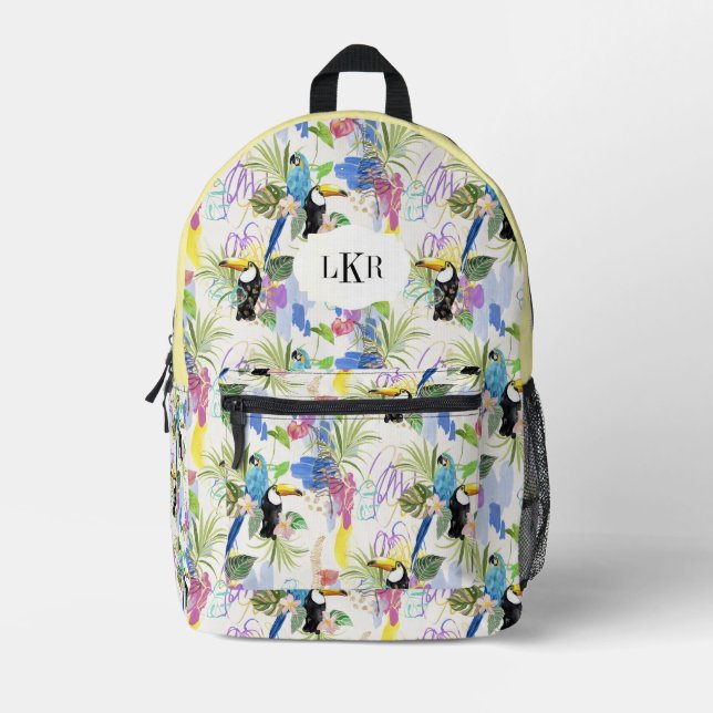 Parrot & Toucan Tropical Pattern 3-Letter Monogram Printed Backpack (Front)