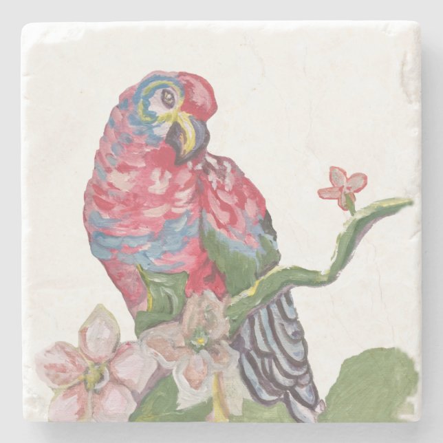 Parrot Tropical Watercolor Marble Stone Coaster (Front)