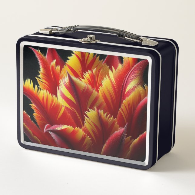 Parrot Tulip Floral Red and Yellow Metal Lunch Box (Front)