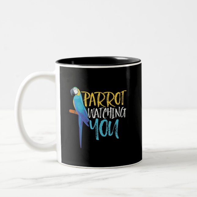 Parrot Watching You Funny Pet Bird Lover Two-Tone Coffee Mug (Left)