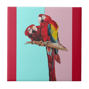 Parrot Watercolor Pink Yellow Baby Blue Macaw Tile