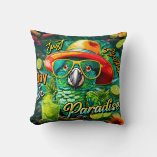 Parrot with Beer Just Another Day in Paradise Throw Pillow
