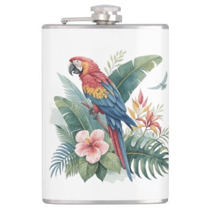 Parrot With Flowers Hip Flask