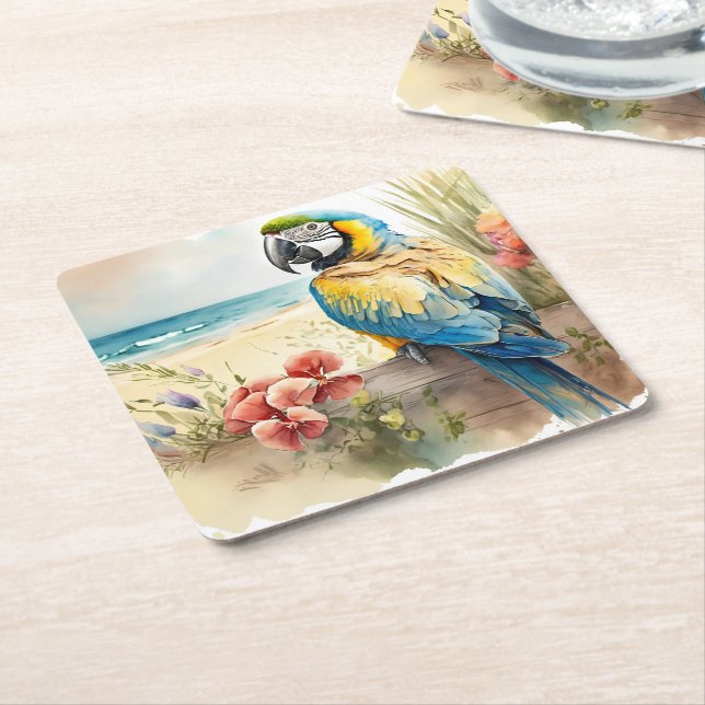Parrot with Tropical Flowers Square Paper Coaster (Angled)