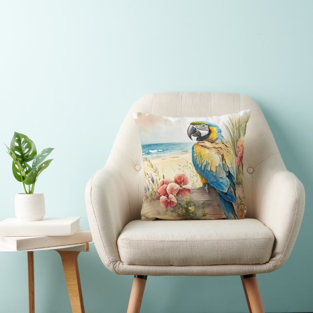 Parrot with Tropical Flowers Throw Pillow (Chair)