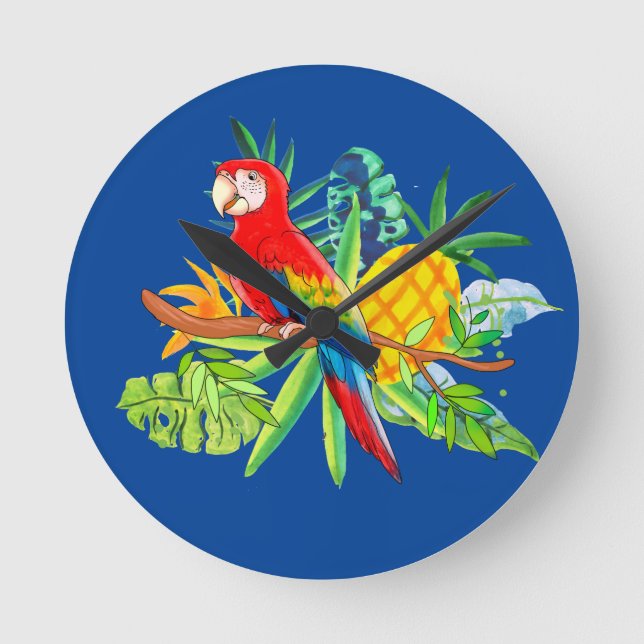 parrot with tropical plants bandana round clock (Front)