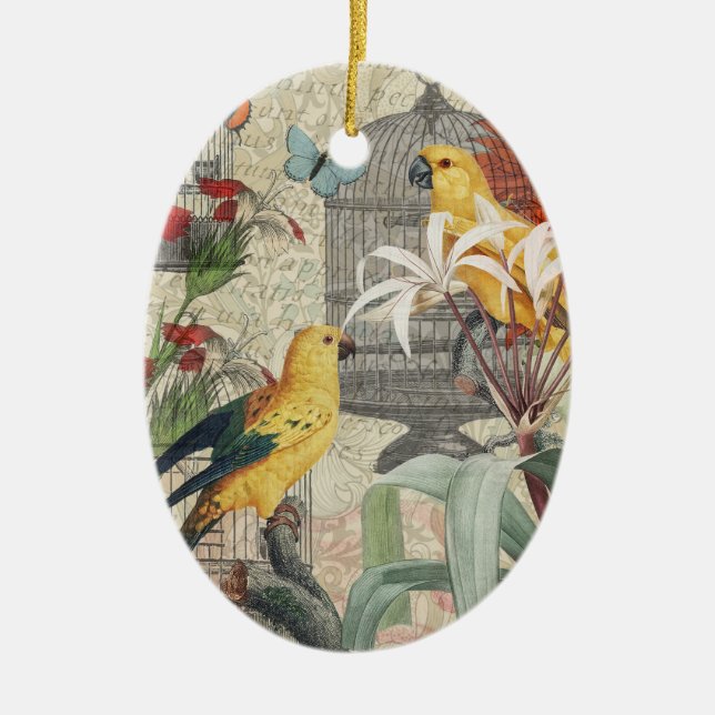 Parrot Yellow Tropical Antique Flower  Ceramic Ornament (Front)