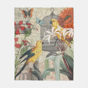Parrot Yellow Tropical Antique Flower Fleece Blanket