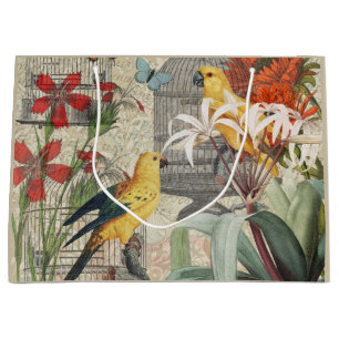 Parrot Yellow Tropical Antique Flower  Large Gift Bag