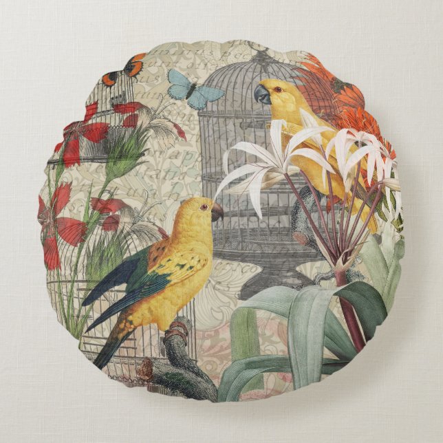 Parrot Yellow Tropical Antique Flower  Round Pillow (Front)