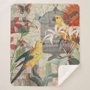 Parrot Yellow Tropical Antique Flower Sherpa Blanket
