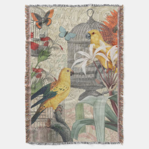 Parrot Yellow Tropical Antique Flower Throw Blanket