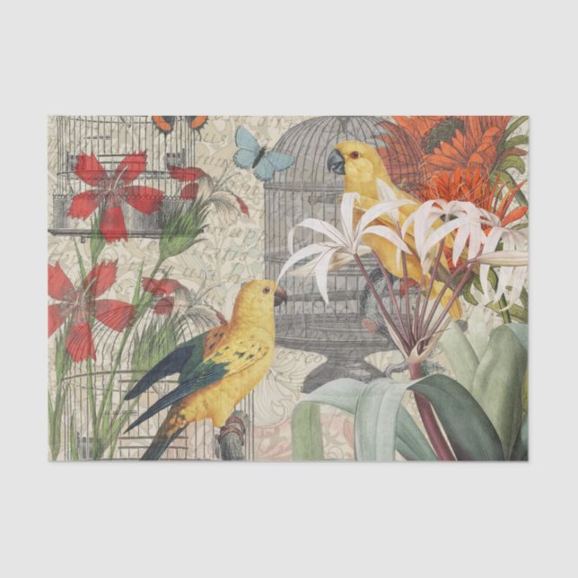Parrot Yellow Tropical Antique Flower  Tissue Paper (Front)