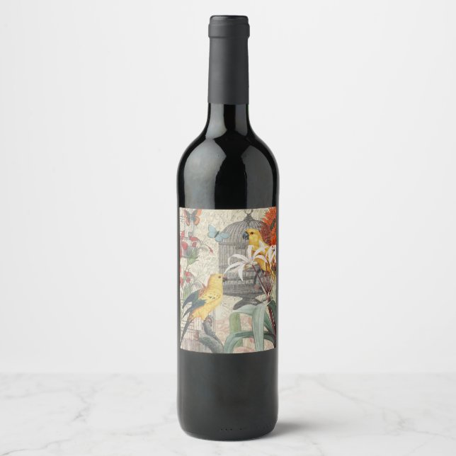 Parrot Yellow Tropical Antique Flower  Wine Label (Front)