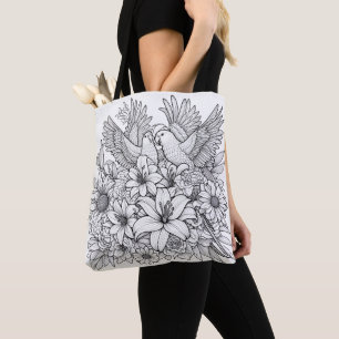 Parrots And Lilly Fabric Pencil Art on Colouring  Tote Bag