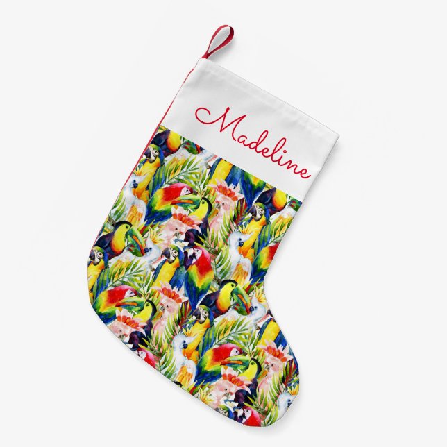 Parrots And Palm Leaves | Add Your Name Small Christmas Stocking (Front (Hanging))
