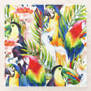 Parrots And Palm Leaves Glass Coaster