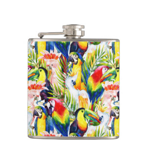 Parrots And Palm Leaves Hip Flask