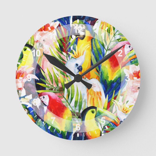 Parrots And Palm Leaves Round Clock (Front)