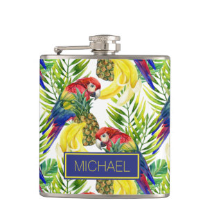 Parrots And Tropical Fruit   Add Your Name Hip Flask