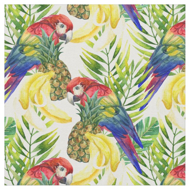 Parrots And Tropical Fruit Fabric (Close Up)