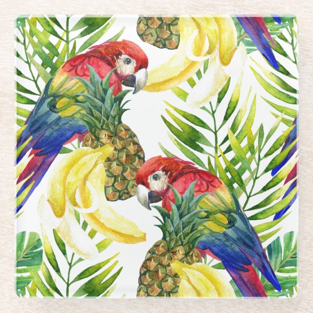 Parrots And Tropical Fruit Glass Coaster (Front)