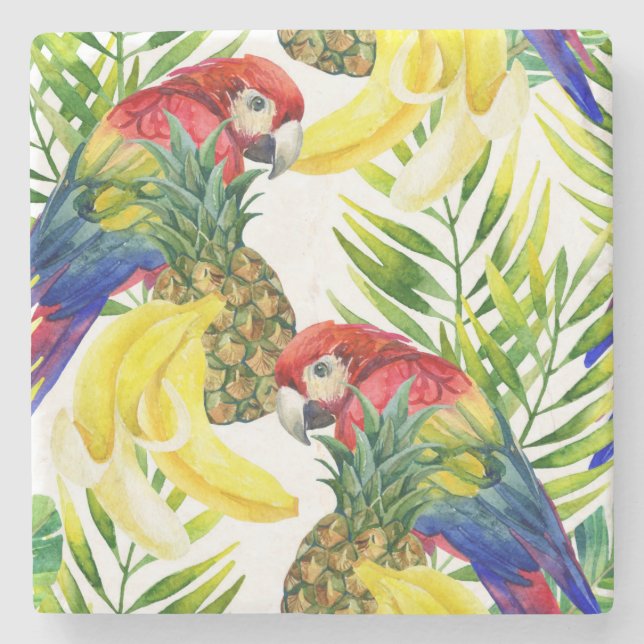 Parrots And Tropical Fruit Stone Coaster (Front)