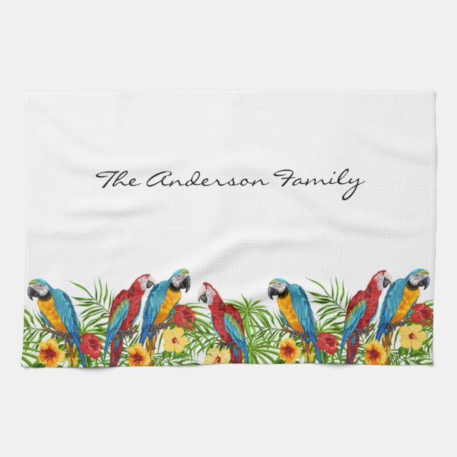 Parrots birds blue green leaves family name kitchen towel (Horizontal)