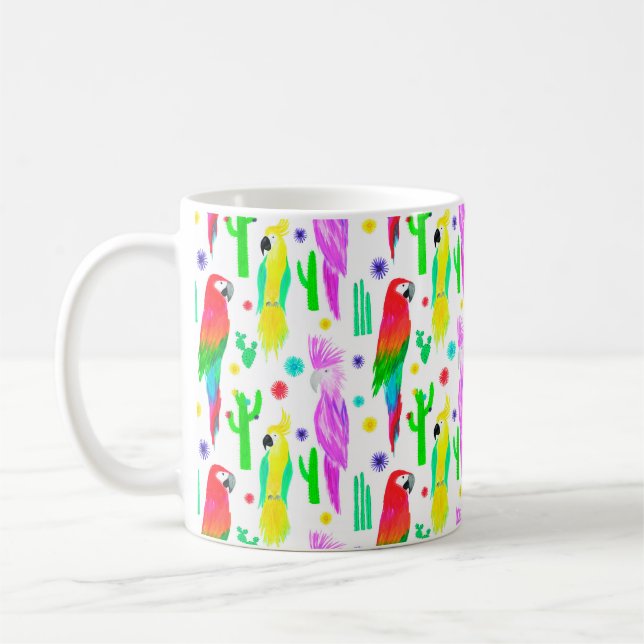 Parrots colourful seamless hand drawn pattern coffee mug (Left)