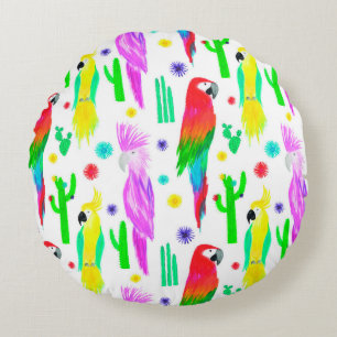 Parrots colourful seamless hand drawn pattern round pillow