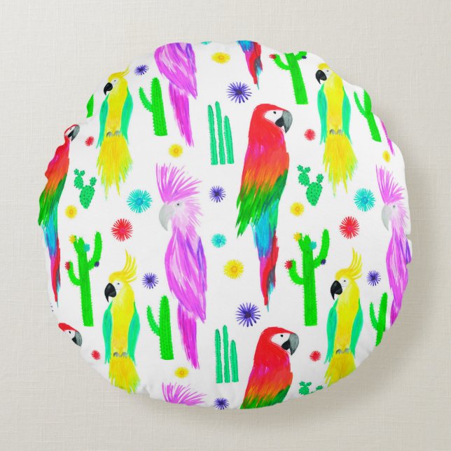 Parrots colourful seamless hand drawn pattern round pillow (Front)