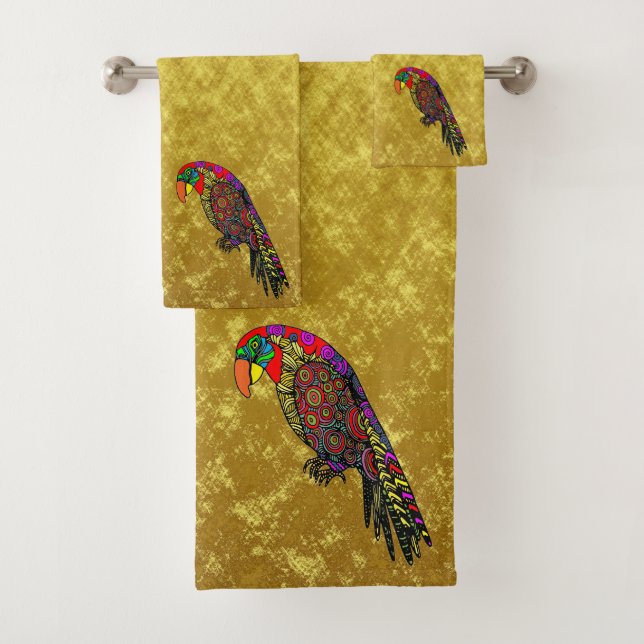 Parrots in yellow red green blue gold foil bath towel set (Insitu)