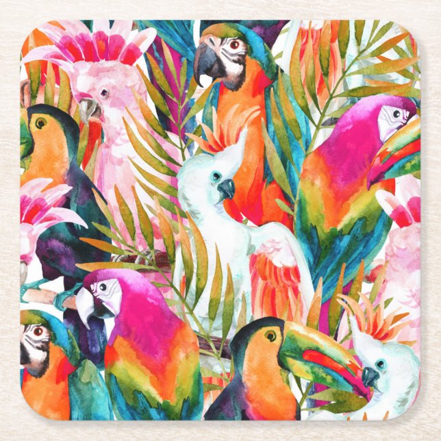 Parrots & Palm Leaves 2 Square Paper Coaster (Front)