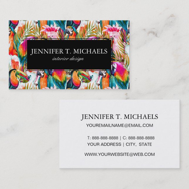 Parrots & Palm Leaves | Monogram Business Card (Front/Back)