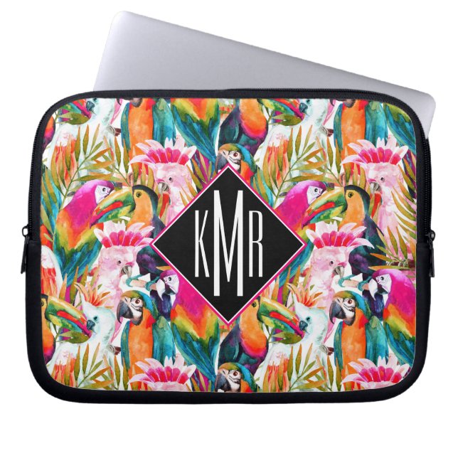 Parrots & Palm Leaves | Monogram Laptop Sleeve (Front)