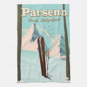 Parsenn Switzerland ski travel poster. Kitchen Towel
