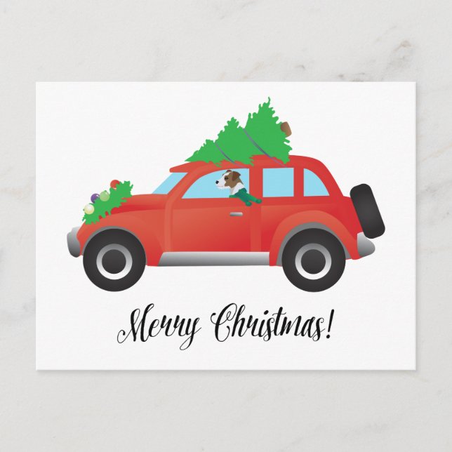Parson Russell Terrier Driving Christmas Car Holiday Postcard (Front)