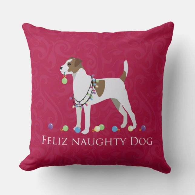 Parson Russell Terrier Feliz Naughty Dog Christmas Throw Pillow (Front)