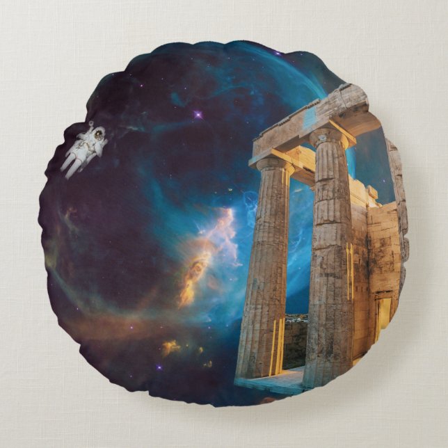 Parthenon Acropolis Greece Meets Space Round Pillow (Front)
