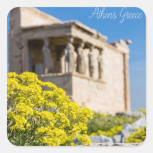 Parthenon temple with spring flowers square sticker