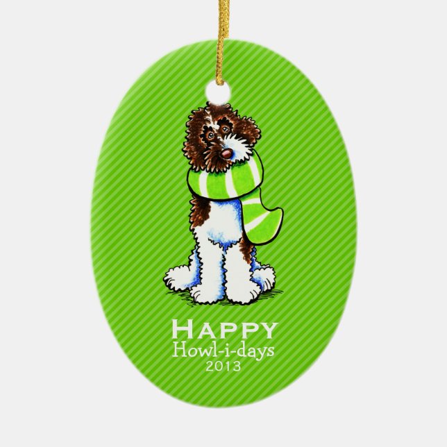 Parti Labradoodle Scarf Christmas Stripe Custom Ceramic Ornament (Front)