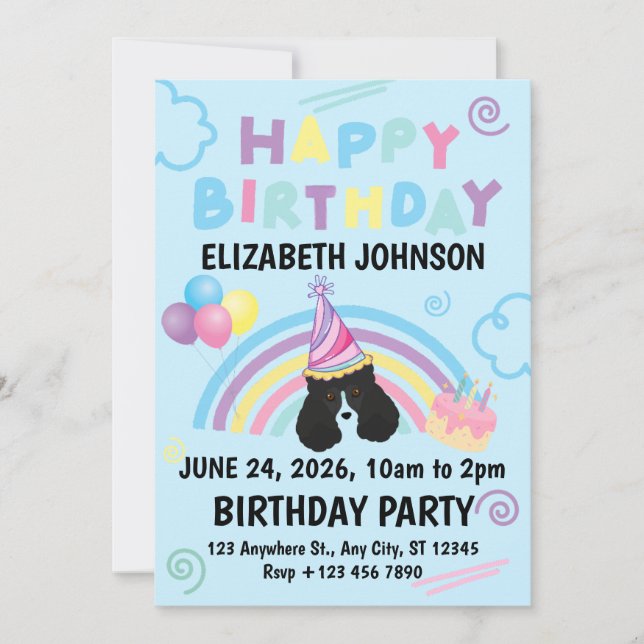 Parti Poodle Birthday Invitation in Blue (Devant)