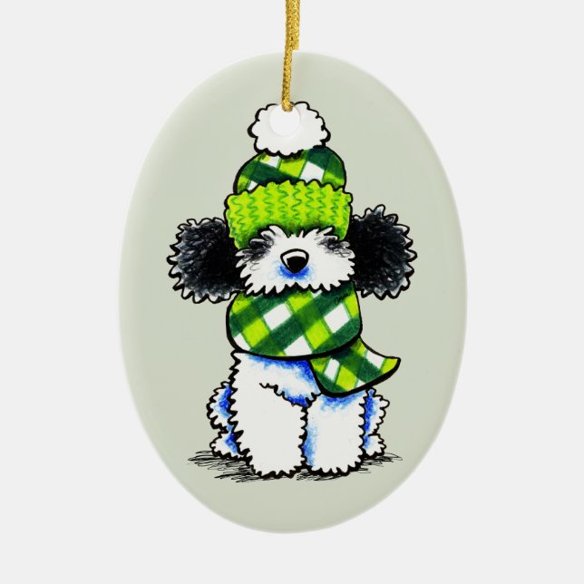 Parti Poodle Happy Plaid Scarf Winter Ceramic Ornament (Front)