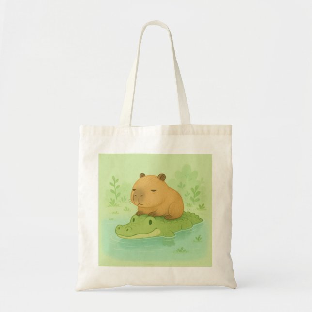 (partial) Chill Brown Capybara on Green Crocodile  Tote Bag (Front)