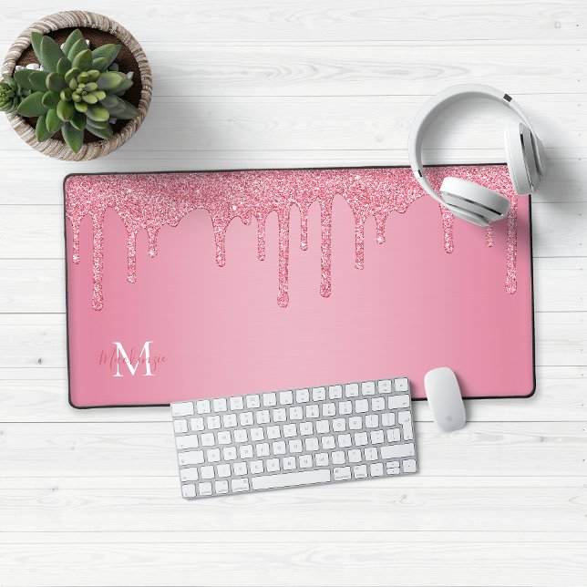 Parties scintillant à gouttes rose vif pour filles (Blush Pink Dripping Glitter Monogram Desk Mouse Mat)